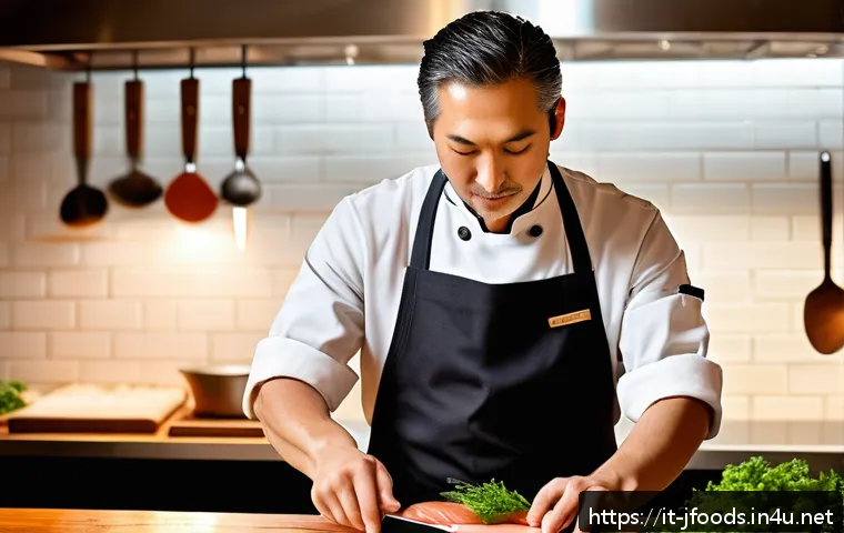 일식조리사로 일하며 겪는 문화적 차이 - A sophisticated Italian-Japanese fusion kitchen scene showing a Japanese chef in clean, professional...